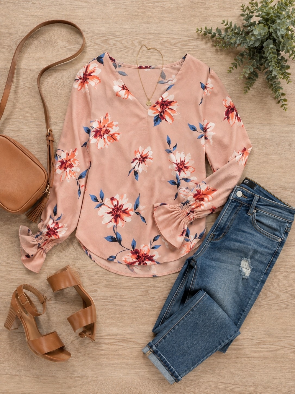 Lush Brand Floral V-Neck Long Sleeve Blouse - Blush Pink